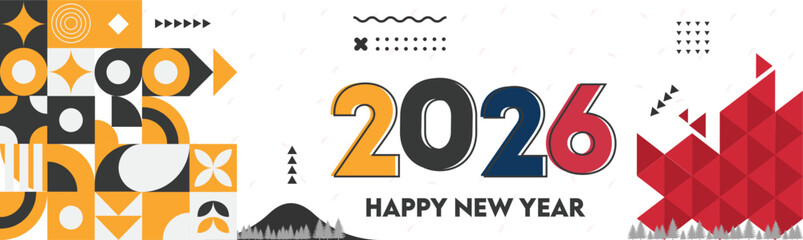 Happy New Year 2026 Banner with Retro Geometric Abstract Background – Colorful Vector Illustration for Holiday Greeting, Social Media, Poster, and Web Design.