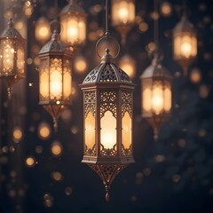 Elegant Ramadan lanterns glowing with soft light on dark background, Islamic culture theme