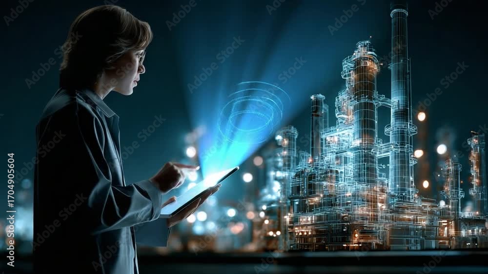 Poster exploring digital insights: a focused individual, using an interactive tablet, envisions an advanced
