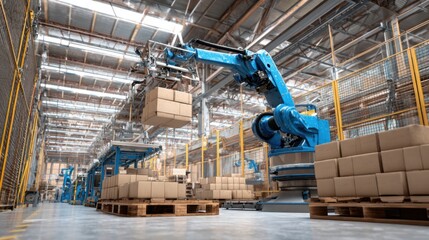 Advanced Robotics in a Modern Warehouse Setting with Automated Systems for Efficient Packing and Sorting of Cargo in a High-Tech Industrial Environment