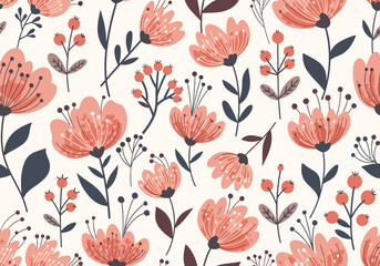 Seamless Floral Pattern with Delicate Coral Flowers and Dark Green Leaves.