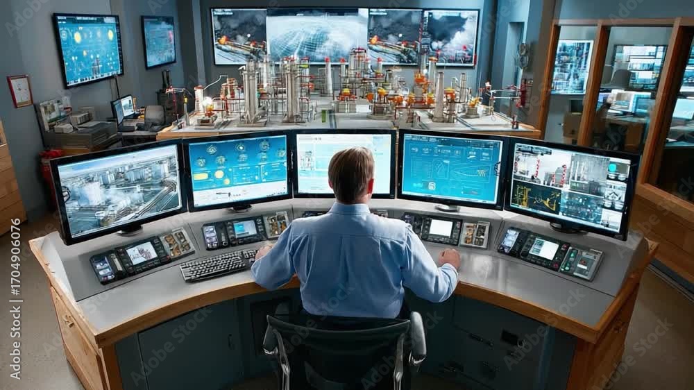 Poster command and control: a lone individual in a sophisticated control room, immersed in the intricacies 