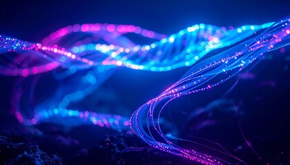 Bioluminescent light trails undulating in dark blue water with magenta and cyan glow