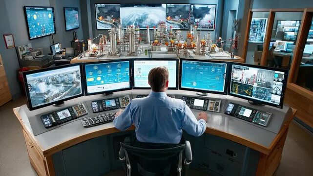 Command and Control: A lone individual in a sophisticated control room, immersed in the intricacies of operations with multiple monitors displaying data and critical information.