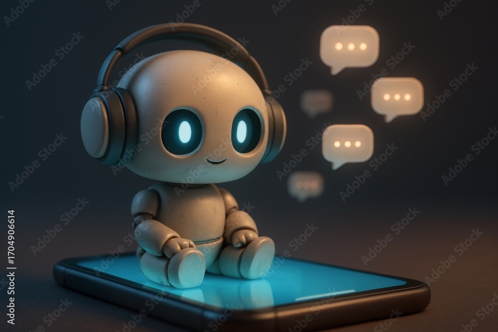 Poster ai automatic task system. a cute robot with headphones sits on a smartphone, surrounded by chat bubb
