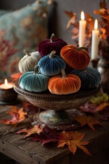 Autumnal Velvet Pumpkins Centerpiece