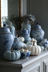 Elegant Fall Decor with Pumpkins and Blue and White Porcelain