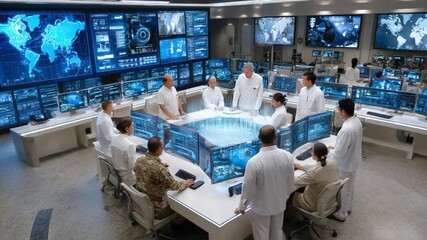 Cyber Command Center: A sophisticated team of individuals collaborates in a high-tech cyber command center, surrounded by multiple digital displays. This environment embodies intelligence. - Powered by Adobe