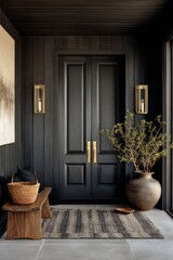 Elegant entryway with a black door and stylish decor