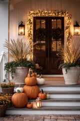 Autumn porch decorated with pumpkins and lights