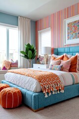 Vibrant bedroom interior with colorful striped wallpaper and stylish decor.
