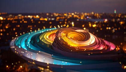 Fototapeta premium Swirling colorful illuminated bands at night with city lights bokeh abstract background