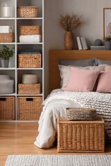 Cozy bedroom interior with a wooden bed, woven baskets, and decorative elements.