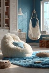 Cozy living room with a fluffy beanbag chair and a hanging swing chair.