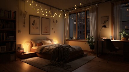 Cozy bedroom interior with warm lighting and string lights at night