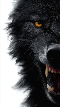 Close-up of a snarling black wolf with sharp teeth and piercing yellow eyes, showcasing wild nature's raw intensity.