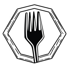 Black Silhouette Vector of Fork Inside Hexagon Frame