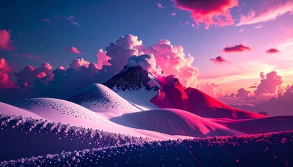 Vibrant pink and purple clouds over snow-covered mountains at dusk landscape