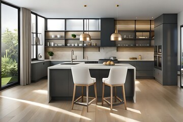 Modern kitchen interior with island seating and open shelving emphasizing contemporary design and