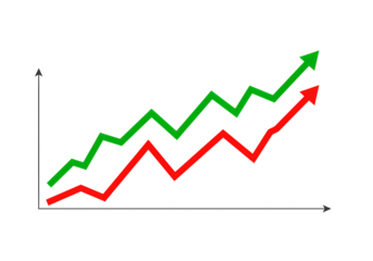 Positive Financial Growth: Red and Green Upward Trending Lines Chart isolated on transparent background