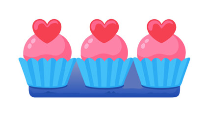 Three valentine's day cupcakes vector illustration with heart toppers and blue cupcake liners art