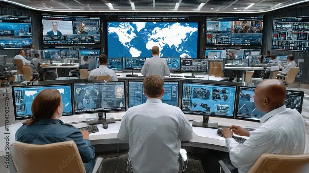Poster global surveillance: a high-tech operations room buzzes with focused activity, analysts monitor glob