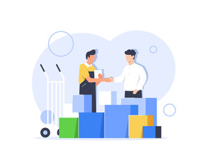 delivery man standing with parcel box and list of parcels,flat design icon vector illustration