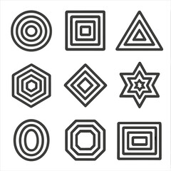 Concentric Shapes Grid. Flat icon set of concentric geometric shapes: concentric circles, concentric squares,