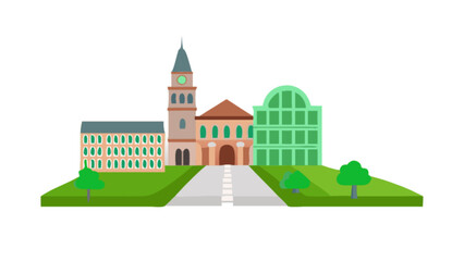 Illustration of city buildings architecture with clock tower and green spaces for graphic design use