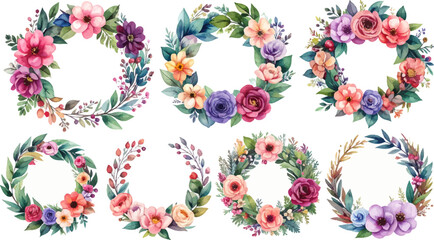 Floral wreath collection in vibrant colors. Elegant botanical wreaths for all occasions. Bright watercolor flower wreaths designs. Delicate flower circle wreaths with nature vibes