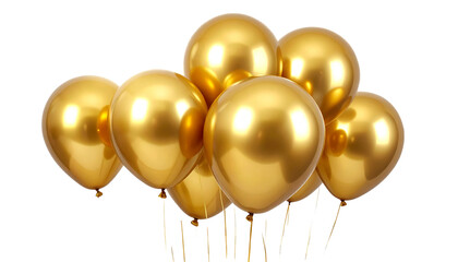 A group of shiny golden party balloons isolated on a white background for a birthday celebration