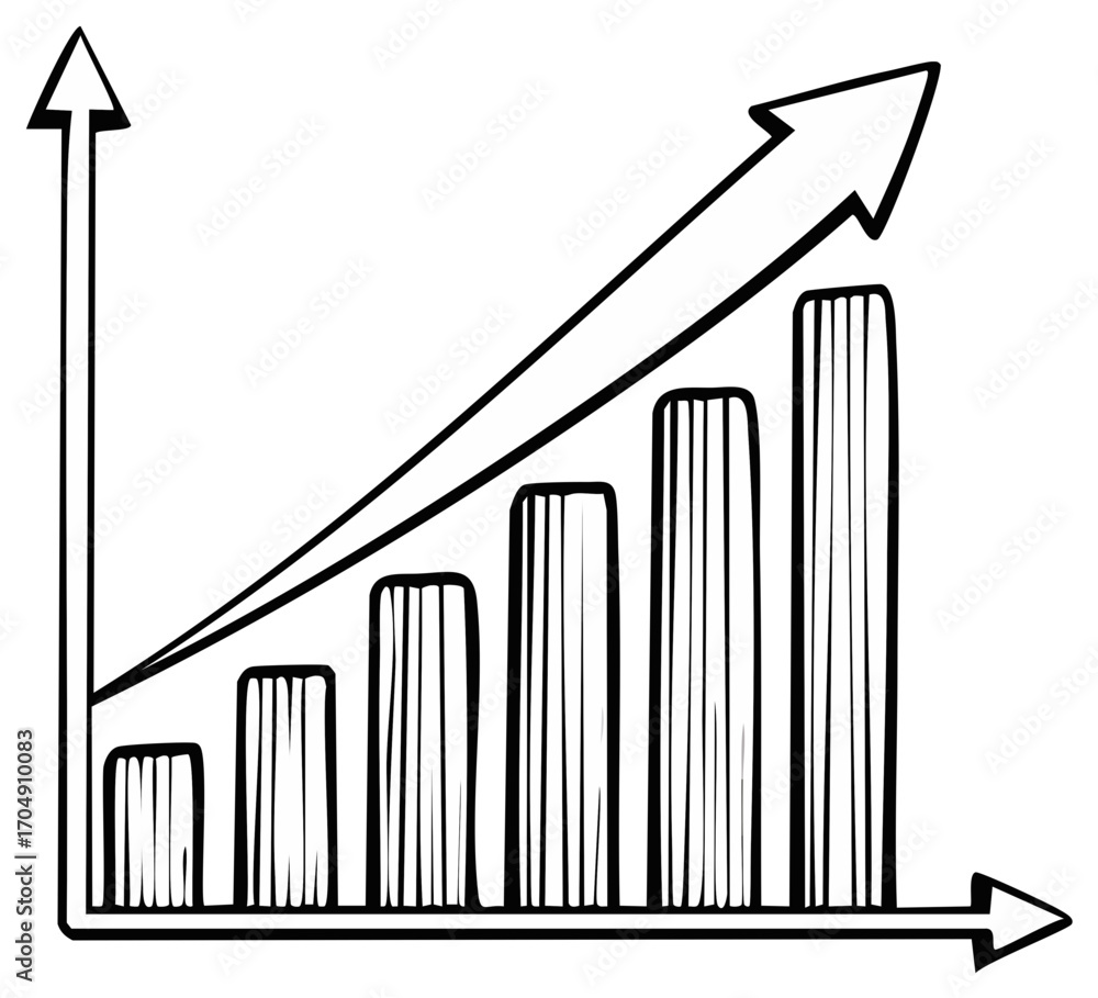 Poster hand-drawn illustration of a bar graph showing positive growth and business progress with an ascendi