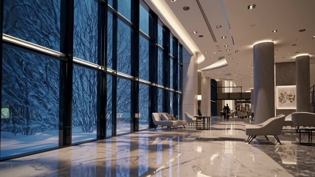 Winter view from a modern hotel lobby featuring large windows and elegant decor in a snowy landscape during twilight hours