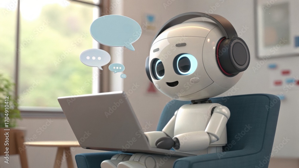 Aufkleber ai automatic task system. a friendly robot listens and interacts while using a laptop in a cozy, mod