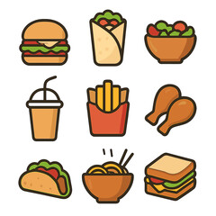 Fast Casual Food Icons. Flat icon set of fast casual food: burger, wrap, salad bowl, smoothie cup, fries,