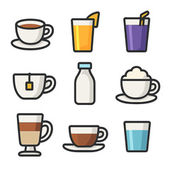 Fototapeta premium Breakfast Beverage Icons. Flat icon set of breakfast drinks: coffee cup, orange juice, smoothie, tea cup, milk