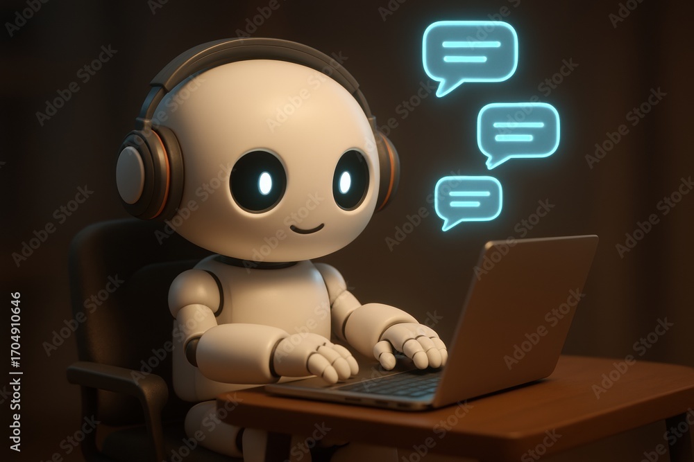 Aufkleber AI automatic task system. A cute robot with headphones interacts via a computer, displaying chat bubbles above it.