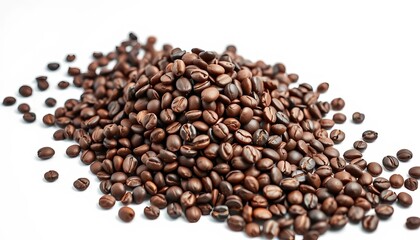 Fototapeta premium A mound of dark roasted coffee beans on a pristine white background, harvest, coffee beans