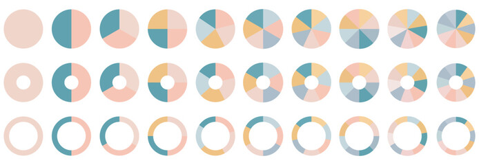 Pie chart color icons. Segment slice sign. Circle section graph. 1,2,3,4,5 segment infographic. Wheel round diagram part symbol. Three phase, six circular cycle. Geometric element. Vector illustration