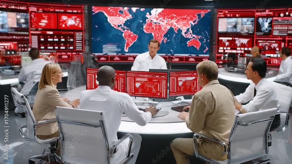 Poster global operations center: a focused team collaborates intensely in a modern command center, with glo