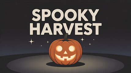 A jack o lantern with spooky harvest text and stars on a gray background for halloween season theme art .