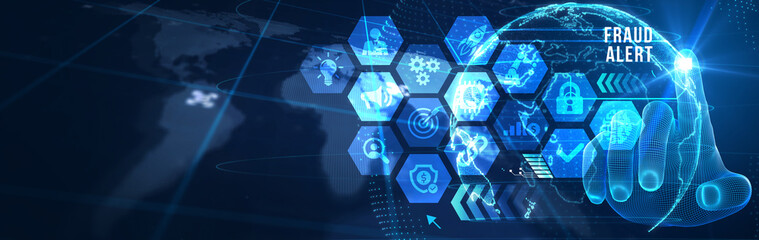 Fraud Alert Caution Defend Guard Notify Protect Concept. 3d illustration