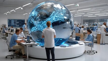 Global Data Center: An expansive, high-tech data center hums with activity, its core focused on a holographic, vibrant earth, showcasing technological prowess and global interconnectedness. - Powered by Adobe