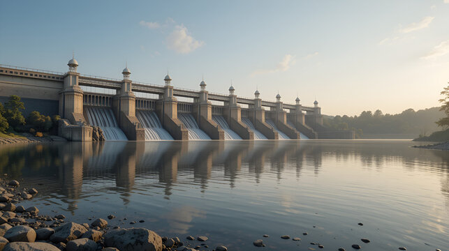 River dam and reflections on water background