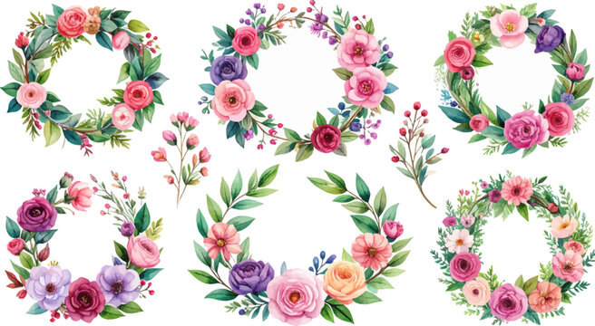 Botanical wreath watercolor art. Pink purple flower circle frame. Hand drawn floral wreath design. Romantic blossom ring watercolor. Pastel floral decoration artwork. Blooming botanical circle style