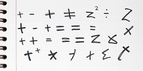 Sketchy hand-drawn math symbols (+,-,×,÷, =, <, >, √, ∞, etc) on a notebook page background,  design,  monochrome