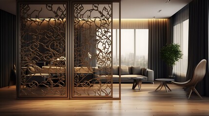 Sophisticated living room with ornate screen divider and serene interior design elements
