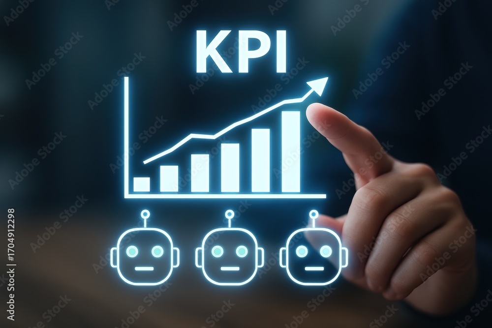 Aufkleber ai automatic task system. hand pointing at kpi graphic with robots and upward trend on a digital dis