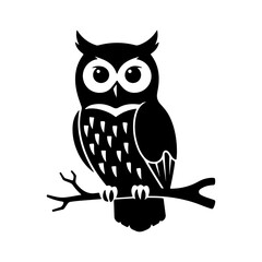 Black owl perched on a branch with transparent background