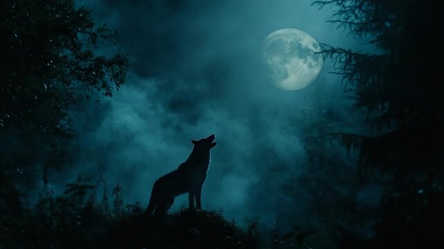 Wolf howling at a full moon in a misty forest